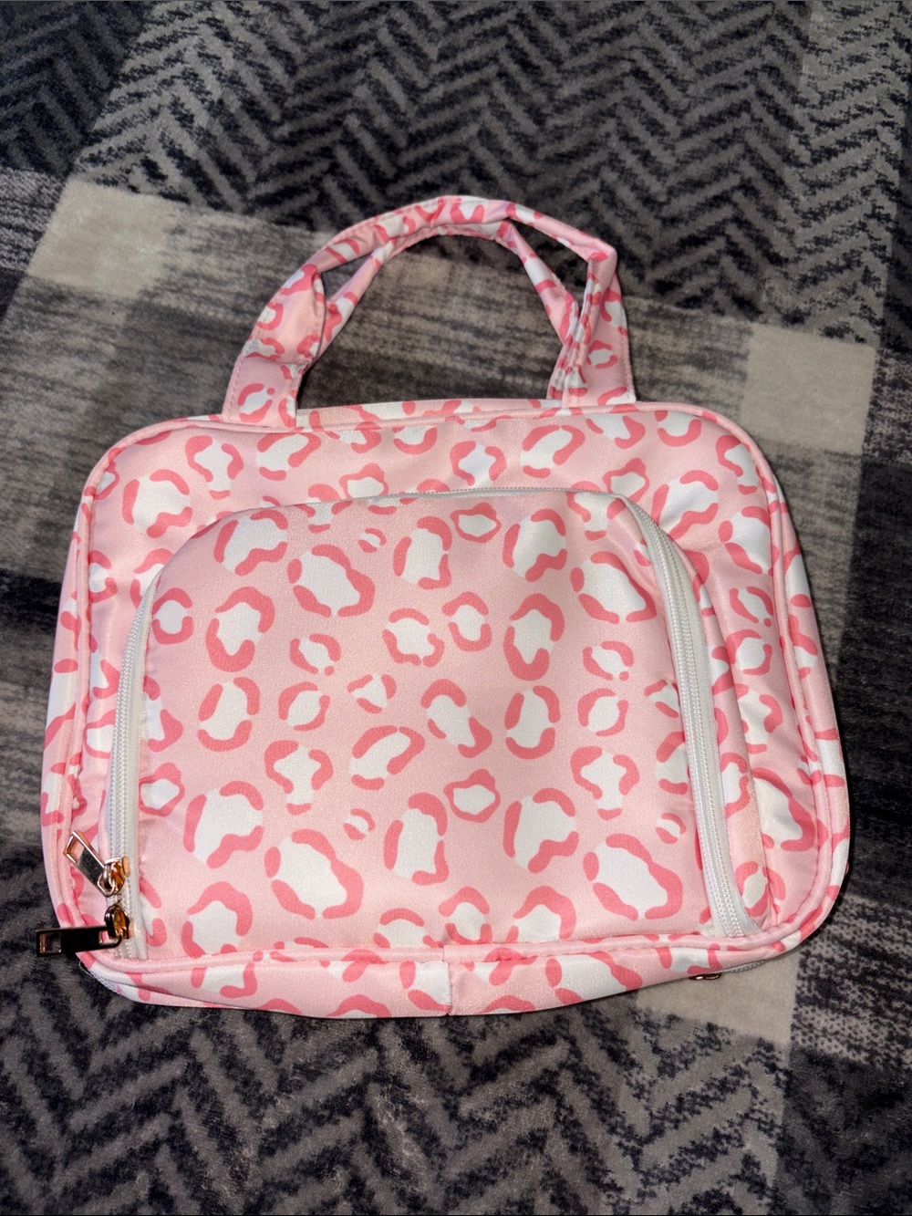 Pink Leopard Print Cosmetic Travel Bag with Front Pocket